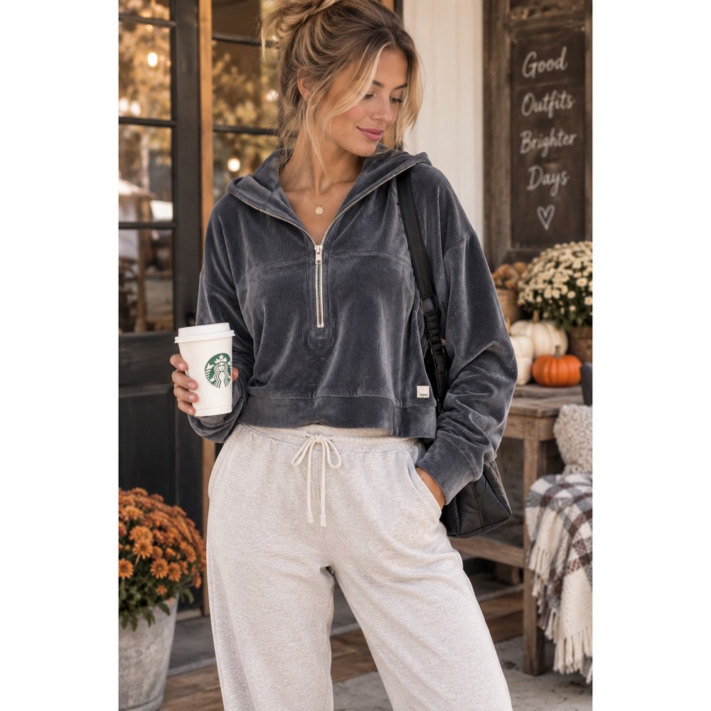 Vuori Haven Half Zip Cropped Hoodie Charcoal Grey Ribbed Velour VW2000 XL